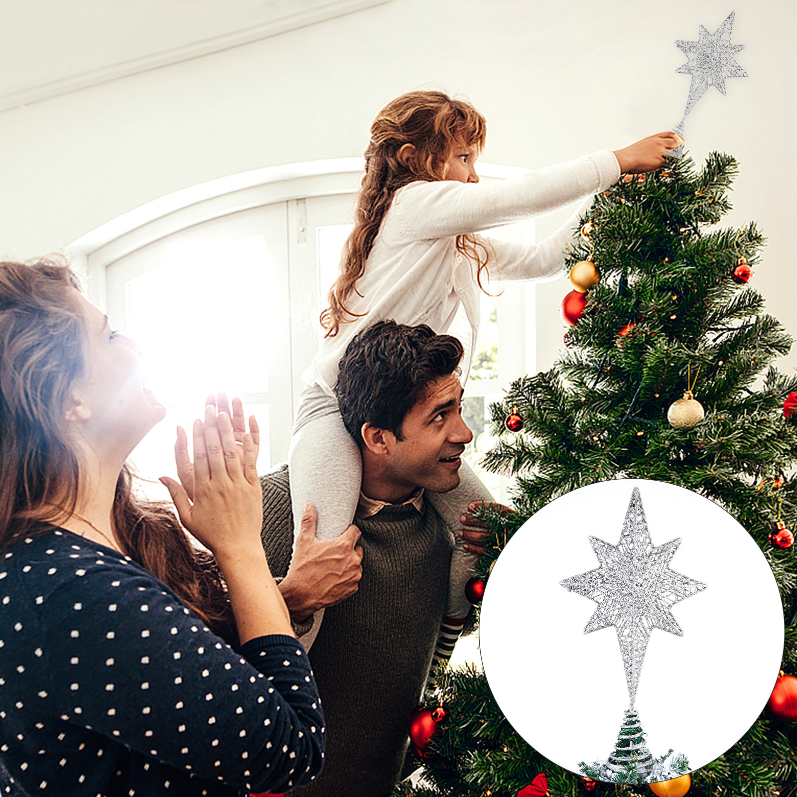 Star Tree Topper - 1Pcs Glittering Gold-Toned Eight Point Star