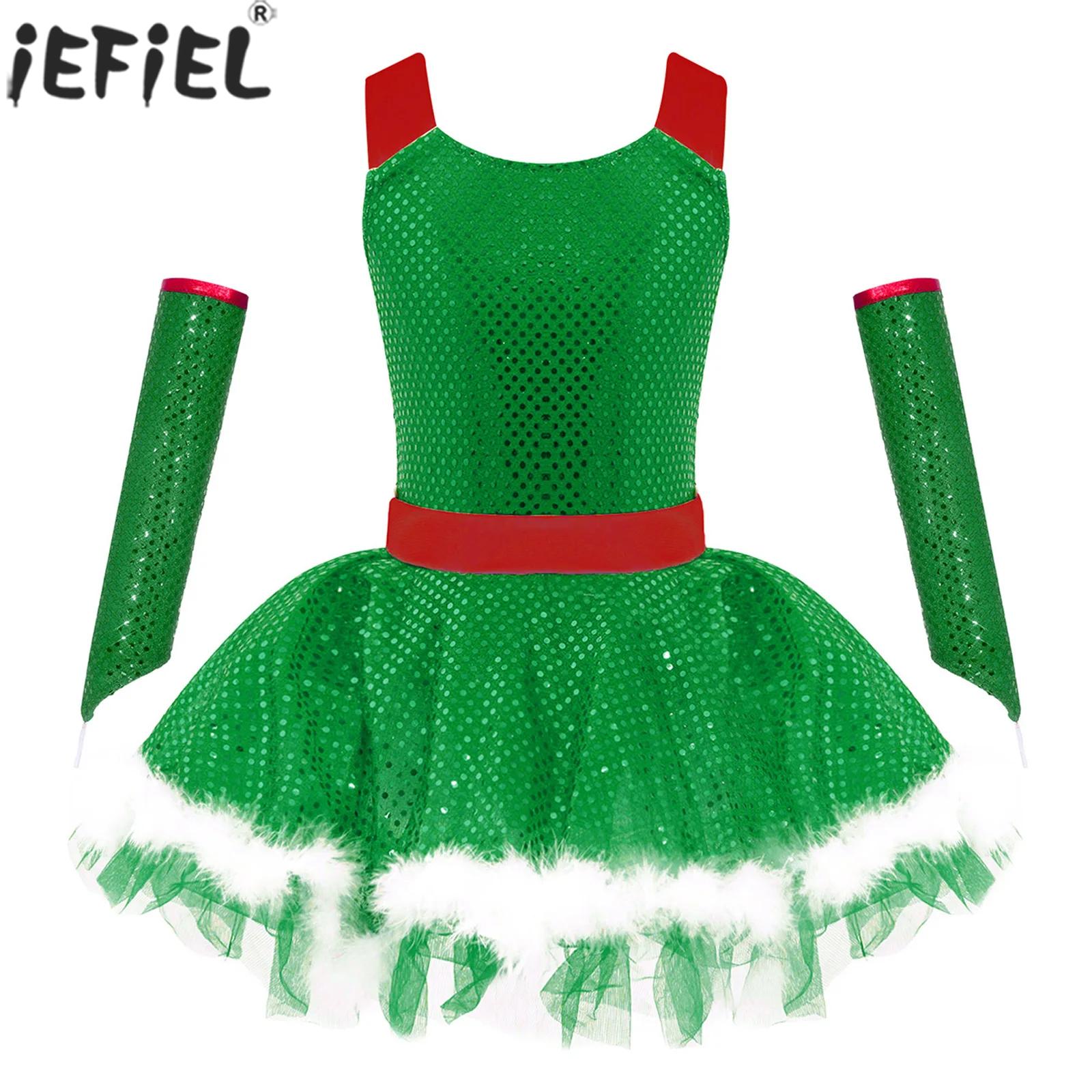 Elf Costume Christmas - Kids Girls Christmas Shiny Sequin Ballet